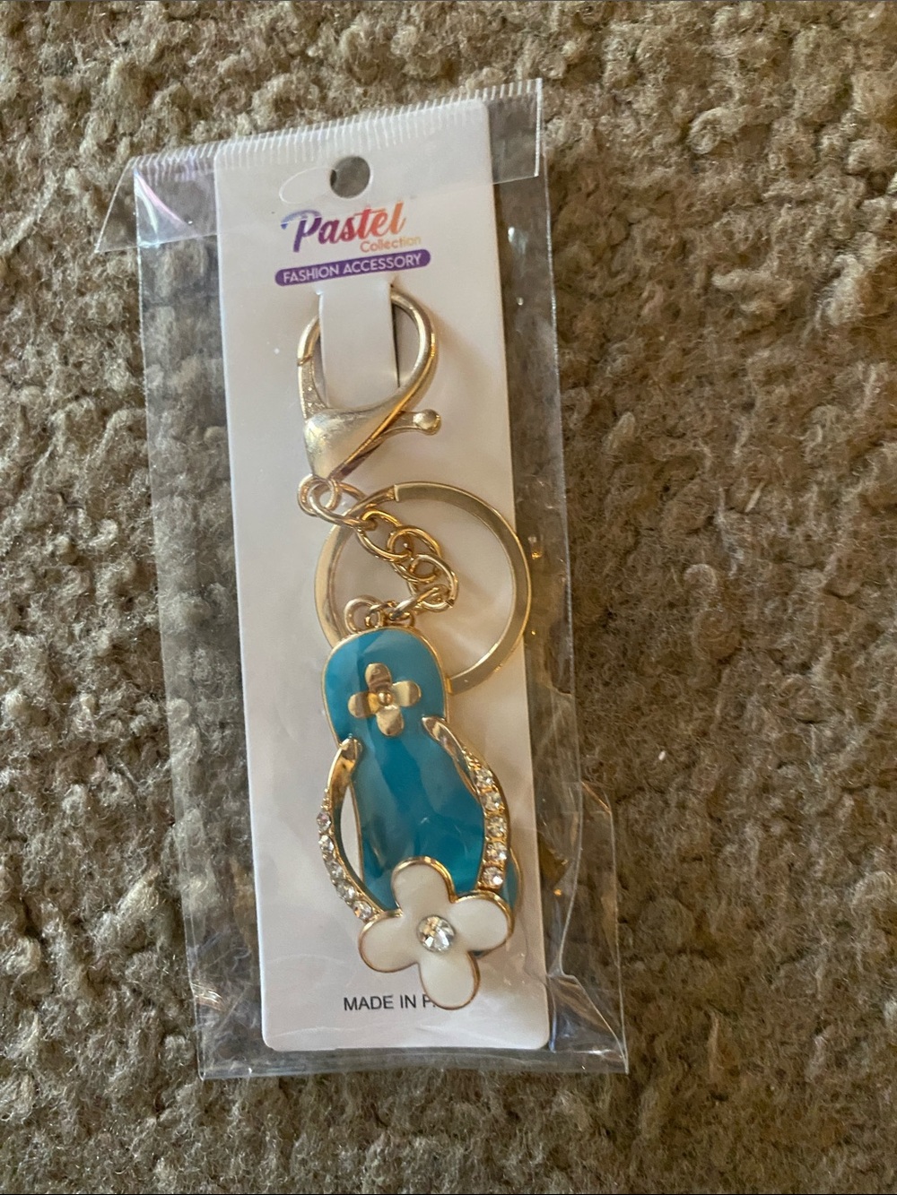 Pastels Clothing Teal and White Flip-Flop Keychain with Gold Accents
